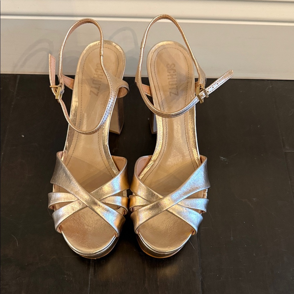 SCHUTZ Metallic Gold Platform Heels - Picture 2 of 6